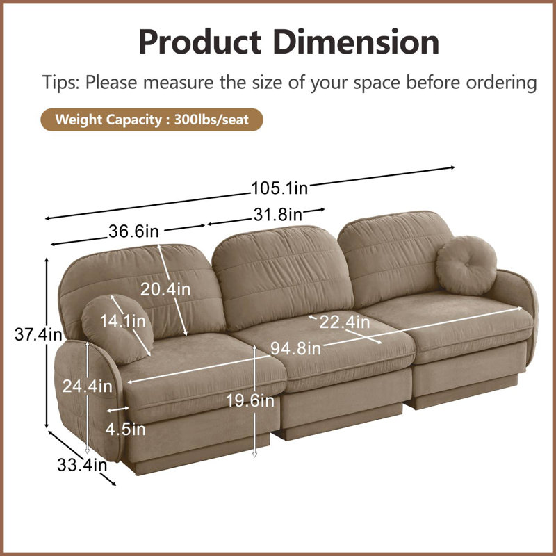 Canapé en chenille Cloud, H 37,4 po x l 105,1 po x P 33,4 po, Café