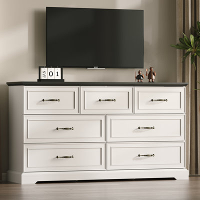 7-Drawer Dresser, 57" Wide Farmhouse Wood Chest of Drawers, Large Storage with Metal Handles, White Rustic Organizer for Bedroom, Living Room & Hallway