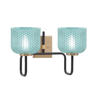 Amarmula 2 Light Bath Bar, Matte Black & New Age Brass Finish, 6" Turquoise Textured Glass