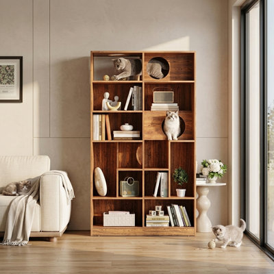 Bibliothèque moderne en bois pour chat 2 en 1 avec rangement, tablettes d'escalade et bac à litière