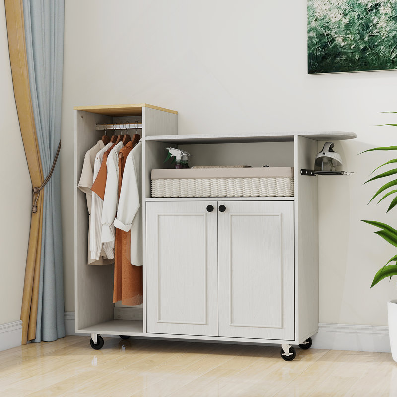 Chariot à repasser avec planche à repasser roulante, armoire à repasser polyvalente avec roulettes et tablette réglable, solution de repassage compacte pour la salle de lavage, la chambre à coucher, le vestiaire - blanc antique