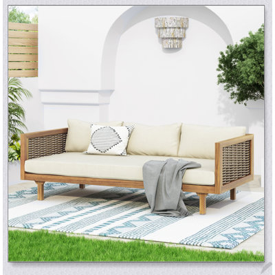 CLAREMONT 3 SEATER DAYBED WITH RATTAN ARMS, Durable Acacia Wood and Water-Resistant Cushions for Outdoor Comfort