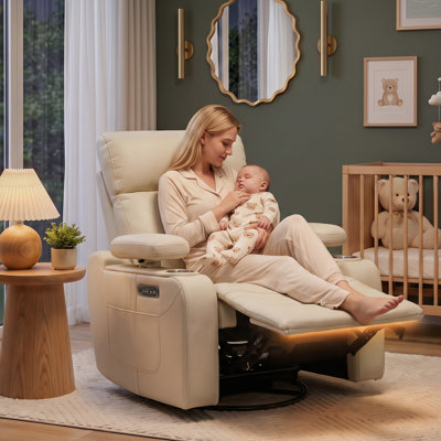 Fauteuil inclinable pivotant électrique de 93 cm (36,6 po) de large, en similicuir, avec port USB-C, porte-gobelet et éclairage d'ambiance, beige.