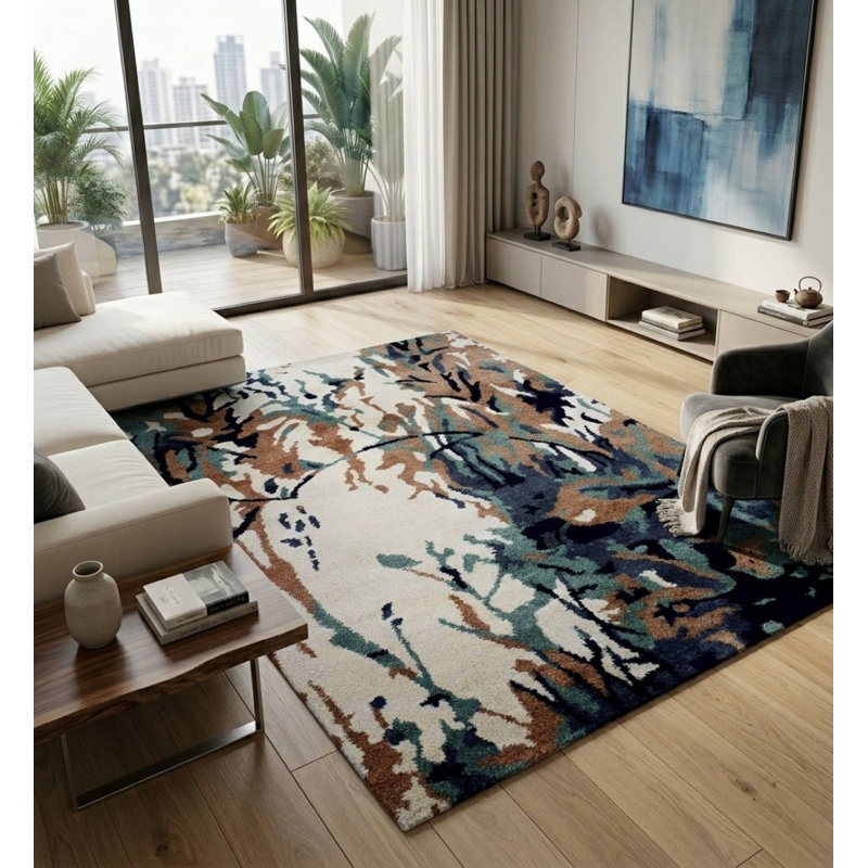 Tapis d'intérieur abstrait multicolore en soie noué à la main Abstract, Rectangle de 5 pi x 8 pi