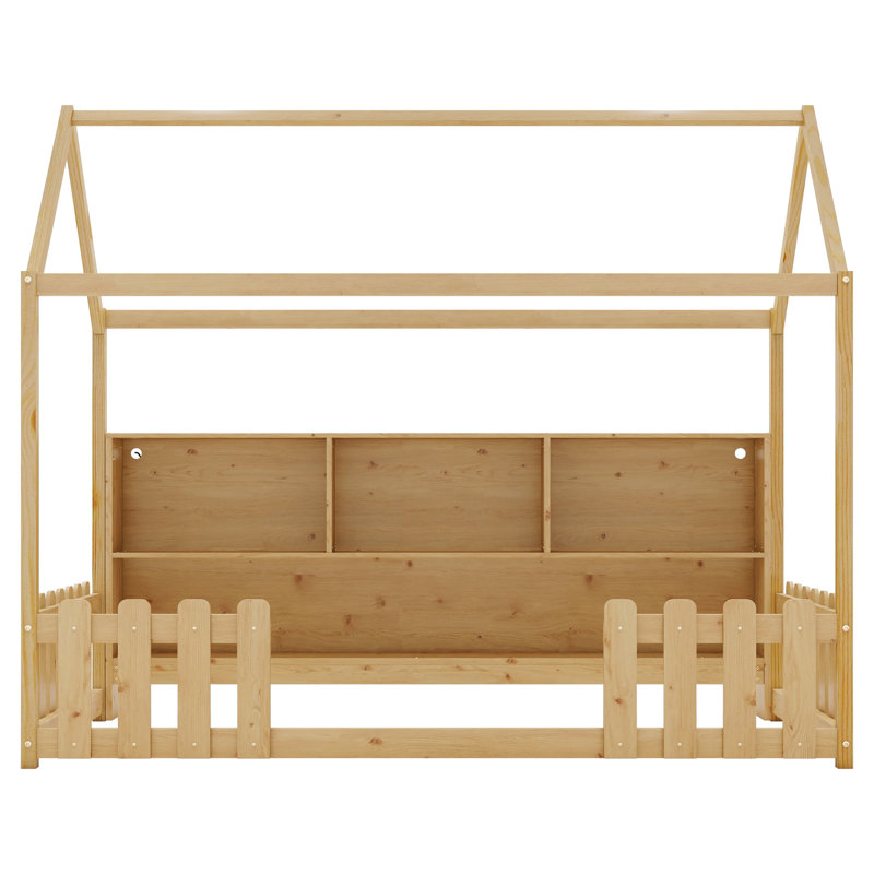 Lit simple avec compartiments de rangement et DEL - Étagère fonctionnelle en bois naturel au look élégant, Natural