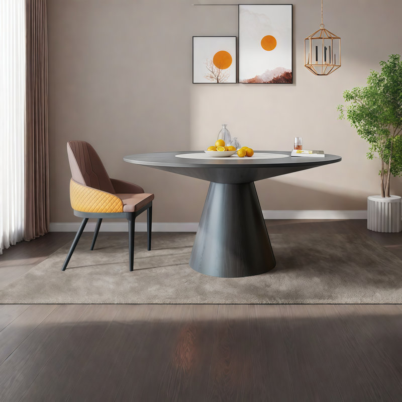Tables de salle à manger rondes en bois massif noir avec plateau tournant, H 29,50 po x L 59,10 po x l 59,10 po