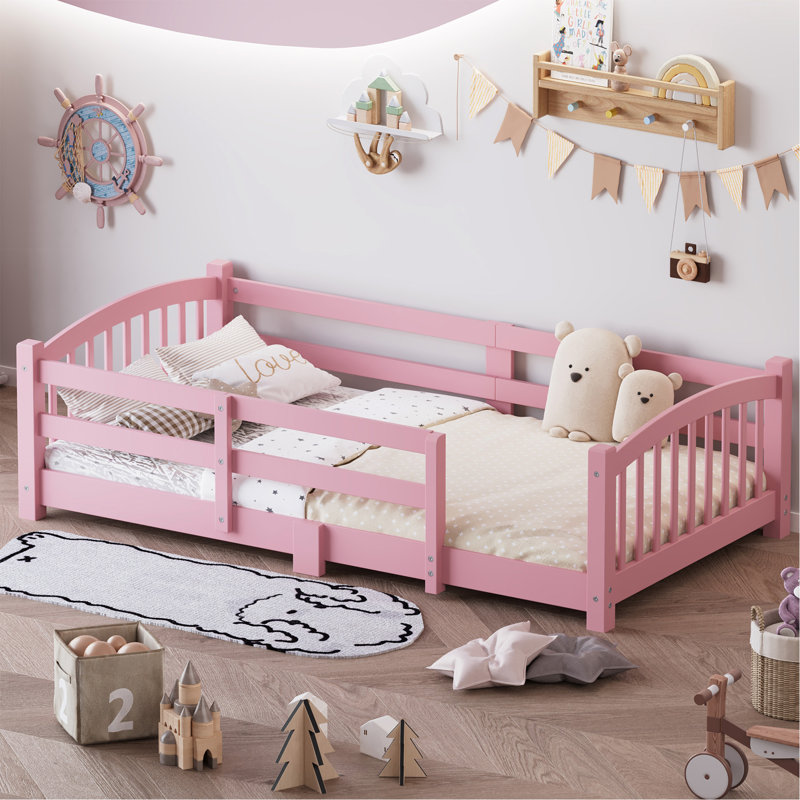 Lit simple Montessori avec lattes et barrières de sécurité, lit en bois massif avec clôture et sans porte, lit Montessori facile à assembler pour filles et garçons, rose