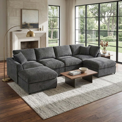 130.3" 6-Seater Modular Sectional Sofa, Chenille Upholstered Couch with Solid Wood Frame, 2 Movable Ottomans, Includes 1 Throw Pillow, Deep Seat Modern Sofa Set for Living Room and Apartment