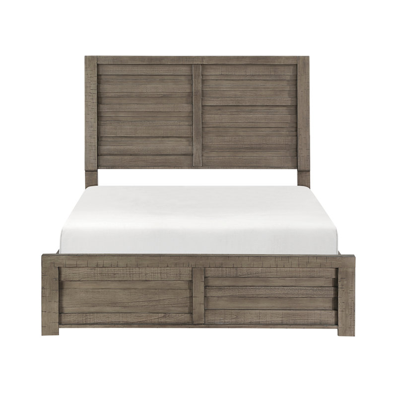 Lit double gris rustique pour chambre à coucher, fait de bois avec tête de lit à profil bas / tête de lit en gris, tête de lit en bois