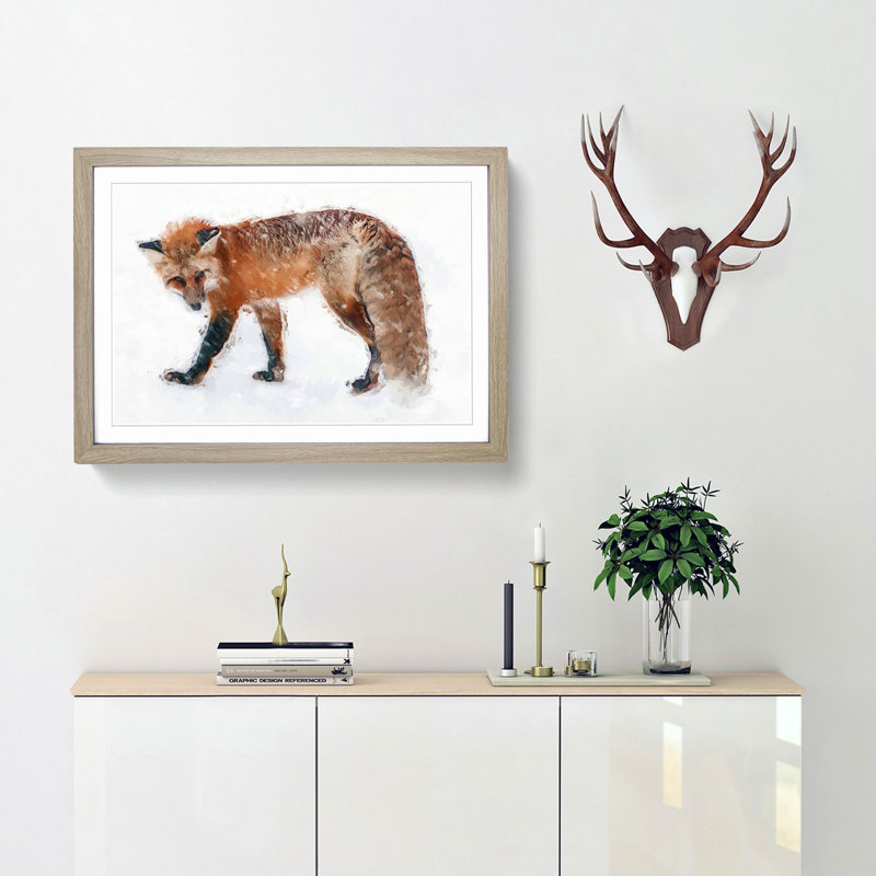 Red Fox in the Winter in Abstract - Picture Frame Painting Print, 62cm H x 87cm W x 2cm D, Oak Framed