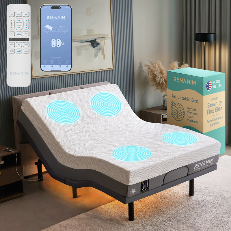 Lit réglable Sfe avec matelas hybride de 12 po inclus, massage, USB, éclairage sous le lit, télécommande sans fil et contrôle des applications