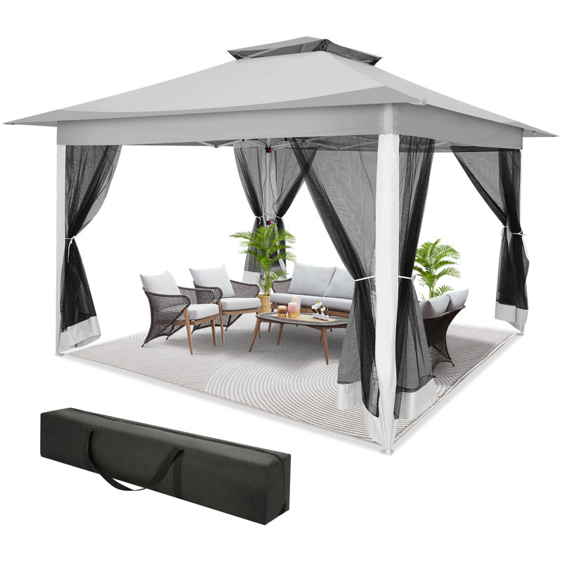 12x12 Gazebo Outdoor Pop-up Canopy with Mosquito Netting 2-Tiered Vented Top 3 Adjustable Height for Backyard, Garden, Lawn