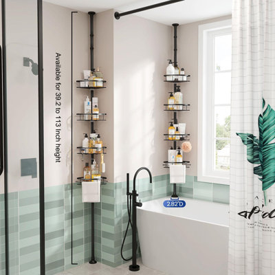 Serviteur de douche d'angle à poteau à tension réglable - Organisateur de salle de bain à 4 niveaux antirouille avec paniers amovibles, porte-brosse à dents et barre à serviettes pour le rangement de la douche
