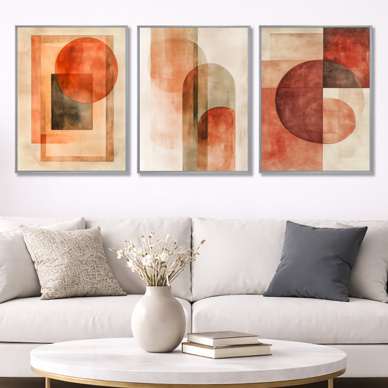 Terracotta Balance I - orange abstrait, art mural 3 pièces, 32" H x 72" W, Silver Floater Framed