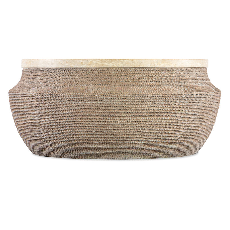 Beige and Brown Round Wood Cocktail Table with Storage