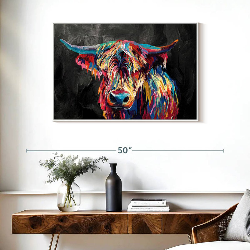 Vache Highland colorée, Cadre flottant blanc, 37 po x 25 po