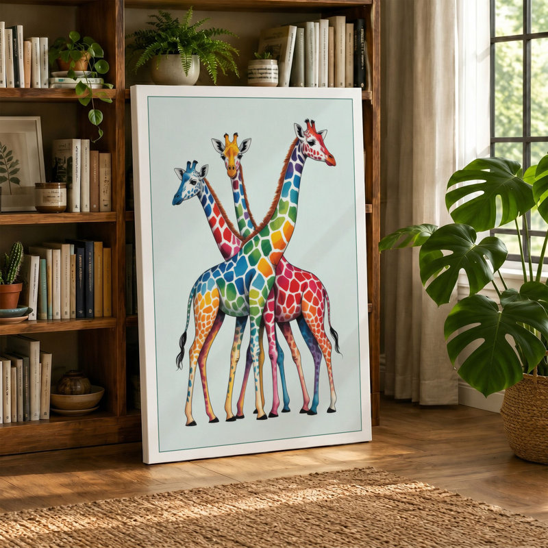 Three Giraffes Entwined Boho - Wrapped Canvas, 18x12 - 45.7 x 30.5 cm, Taupe Border