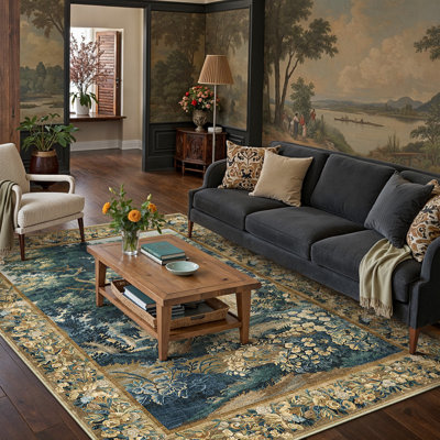Tapis lavable à motif floral bleu / vert / brun avec envers antidérapant Rylee