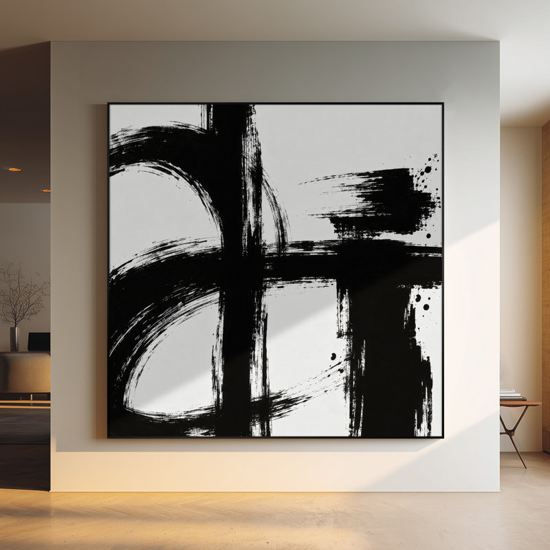 Impression sur tissu grand format - Motif abstrait expressif noir et blanc pour salon ou chambre - « Assemblage du cadre requis (cadre non fini) »
