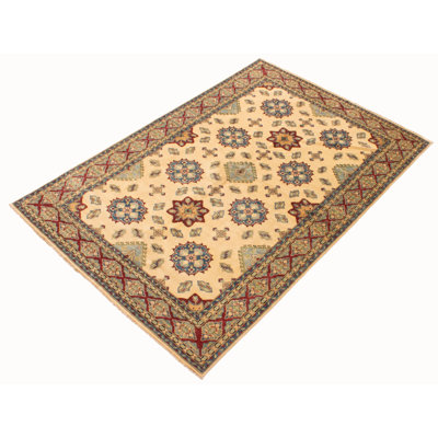 Tapis ivoire en laine noué à la main de conception unique 6 pi 6 po x 9 pi 7 po Heathr