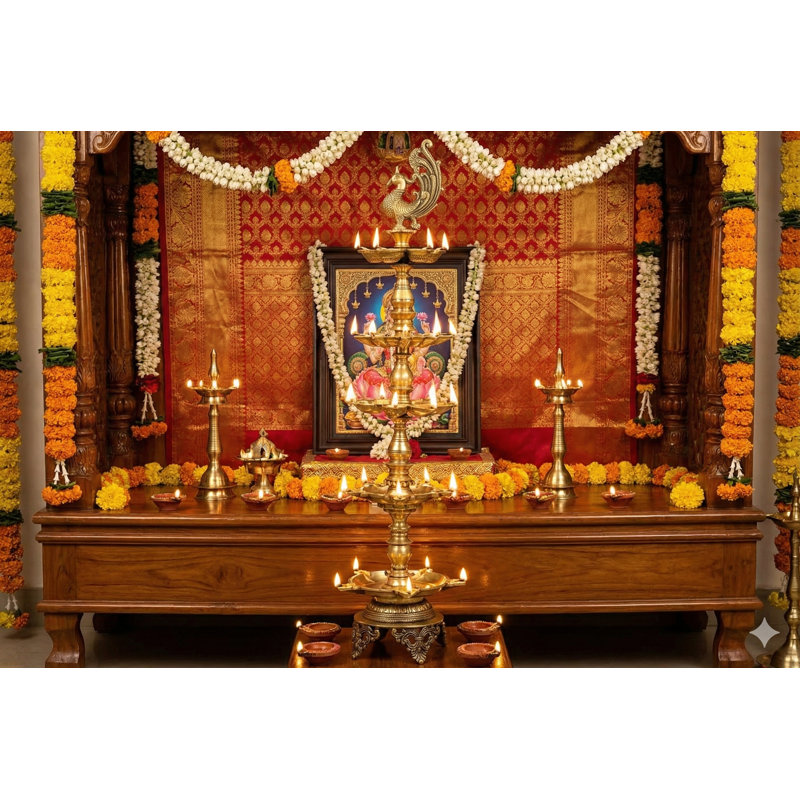 Grande lampe à huile en forme de paon en laiton faite à la main avec paon de 37 pouces - grand temple Diya avec 31 flammes, décor indien symbolique et accent de Puja