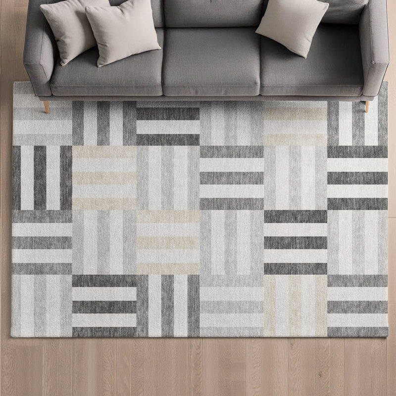 Tapis géométrique lavable à la machine de qualité supérieure Mayfield AMF2332, Gris, 5 pi x 7 pi 6 po