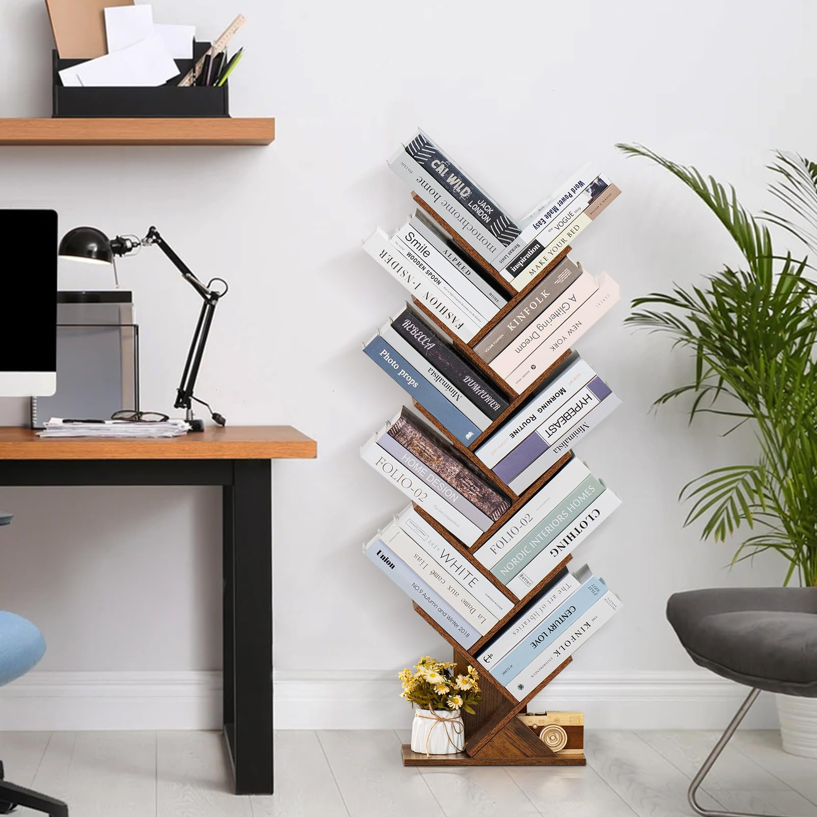 SHEEPAM 10 Tier Tree Book Shelf, Floor Standing Wood Bookshelf For Narrow Space Storage Organizer Bookshelves For Books Cds Magazine Bookcase With Shelves For Home Office Living Room White&pid=ndyzogy3nw - View #10