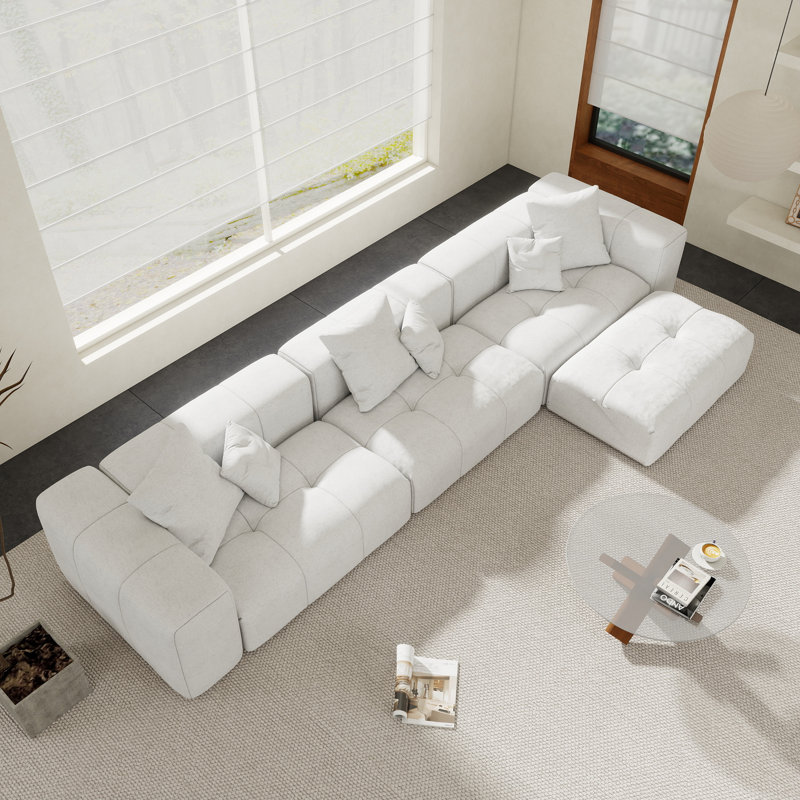 Canapé modulaire rembourré en tissu de lin avec repose-pieds Kay Crumley 4 pièces Kay, Blanc
