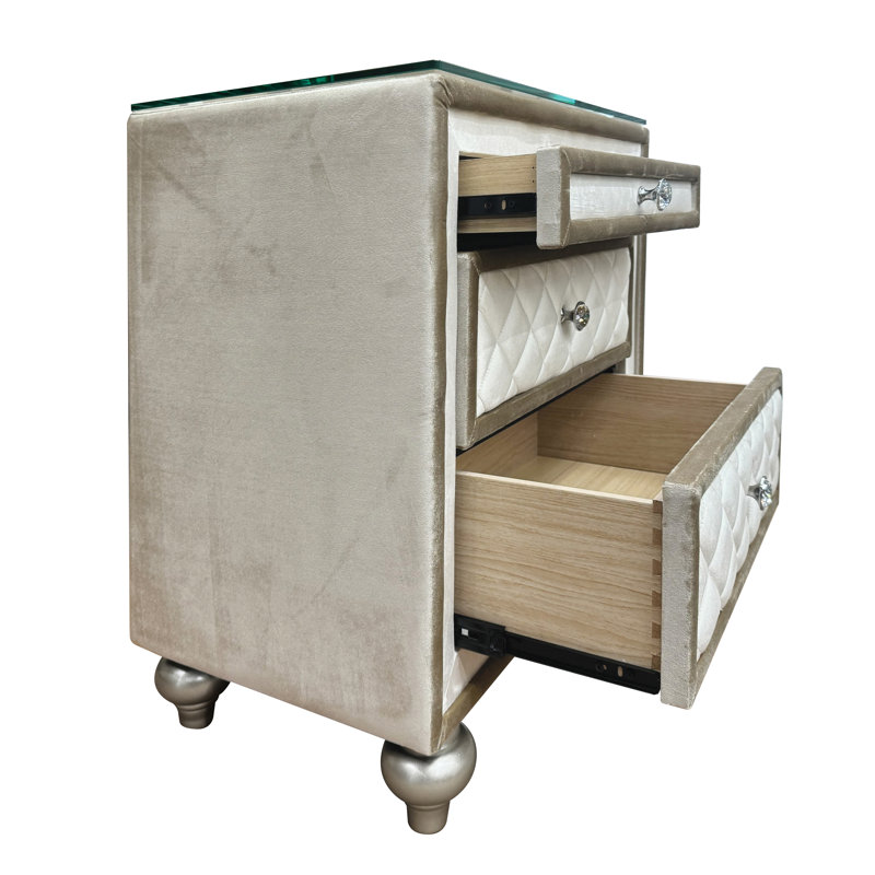 Joie 2-Drawer Upholstered Nightstand, Beige Velvet