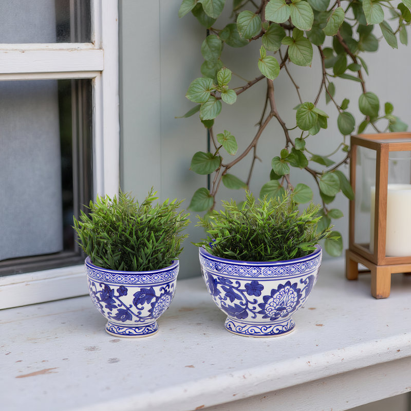 Bethony Set of 2 Blue & White Floral Stoneware Planters, 7" & 5" Ceramic Pots for Home & Garden Decor, 5" H x 7" W x 7" D