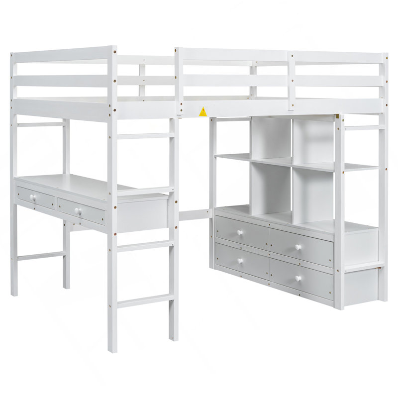 Lit mezzanine double avec bureau intégré avec deux tiroirs et tablettes et tiroirs de rangement, blanc