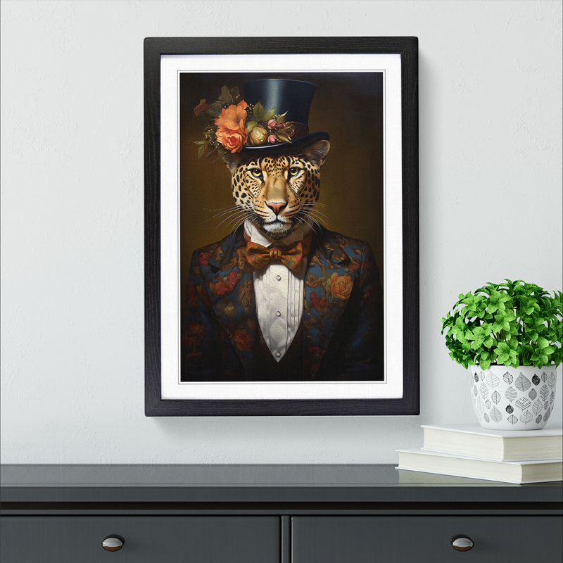 Leopard Victorian - Single Picture Frame Print on Wood, 34cm H x 25cm W x 2cm D, Black
