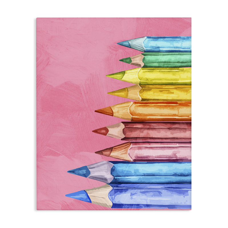Crayons éclatants sur toile rose, design par Kim Allen, H 48 po x l 36 po