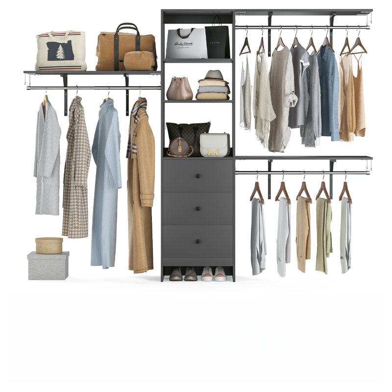 Organisateur de placard, système de placard avec 3 tringles de suspension, 3 tiroirs et tablettes ouvertes (gris), Grey