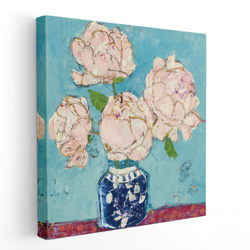 Vase de pivoines aqua corail - reproduction d'art sur toile, H 12 po x l 12 po