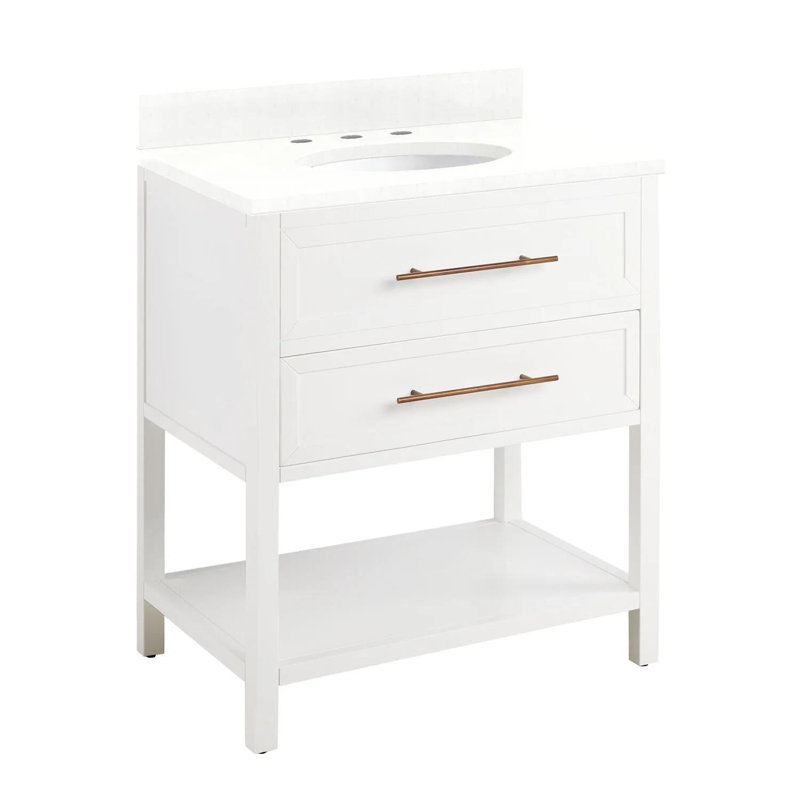 Ensemble de meuble-lavabo simple 30 po avec lavabo encastrable ovale Robertson, 8 po, Quartz blanc plume, Blanc