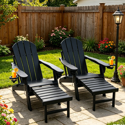 Set Of 2 Folding Adirondack Chair with Ottoman&Cup Holder