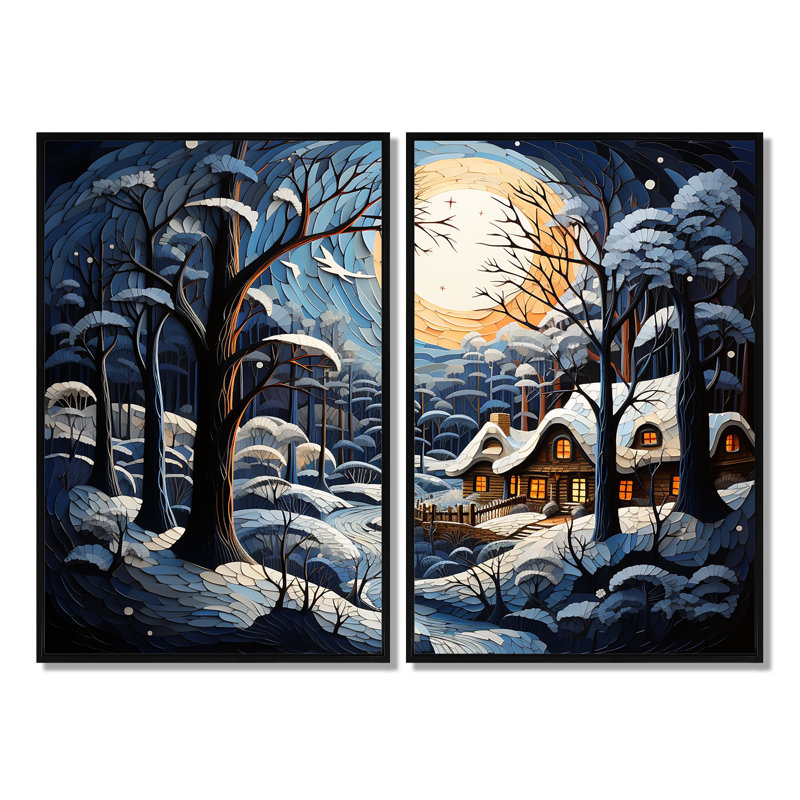 «Christmas Winter Cottage Scenery I», art mural traditionnel blanc, 36" H x 48" W, Impression encadrée flottante, Black