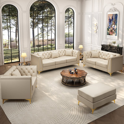 Canapé Chesterfield modulaire léger de luxe, canapé en similicuir avec capitonnage à boutons fait à la main, accoudoirs à garniture en métal et pieds en métal minces, comprend 6 coussins pour le salon, l’appartement