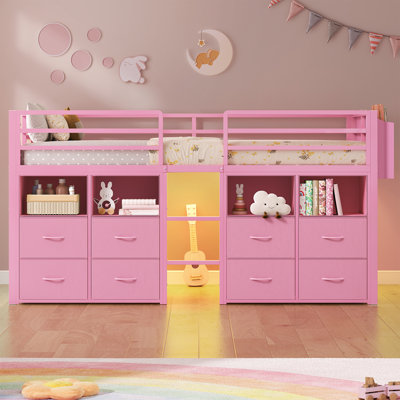 Twin Loft Bed With 8 Storage Drawers And Open Storage Shelves, Low Loft Bed Twin Size With Led Lights,stairs,metal Bed With Safety Guardrail,space Saving,no Box Spring Needed