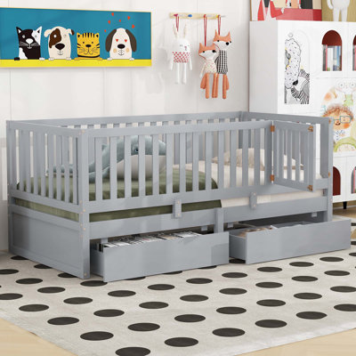 Wooden Daybed With Fence Guardrails And 2 Drawers, Split Into Independent Floor Bed & Daybed