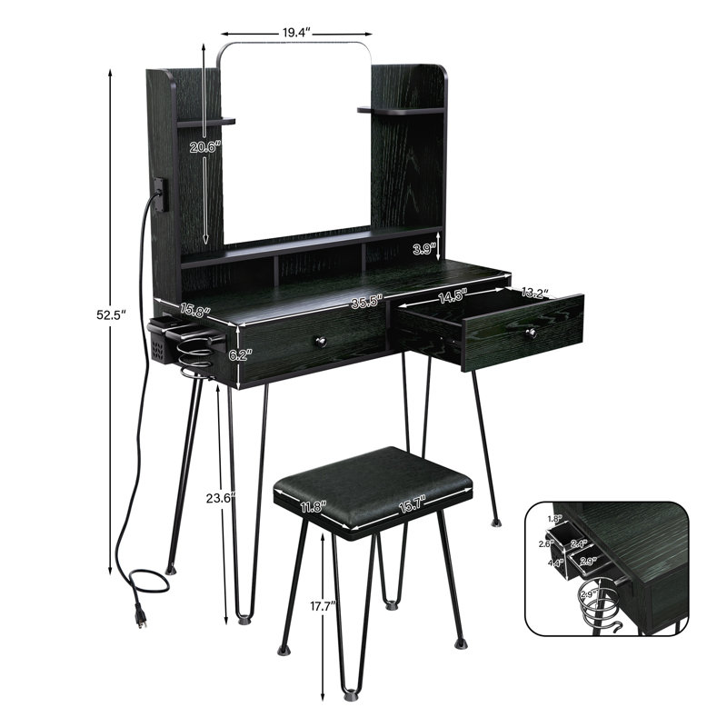 Dressing Table Makeup Vanity Table Set with Mirror, Power Outlets and Vanity Stool, Black