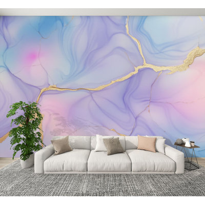Modern Peel and Stick Wallpaper Abstract Pastel Waves Gold Accents Wall Murals 100"H x 144"W Removable PVC Wall Paper Self-Adhesive Wall Decor for Bedroom Living Room