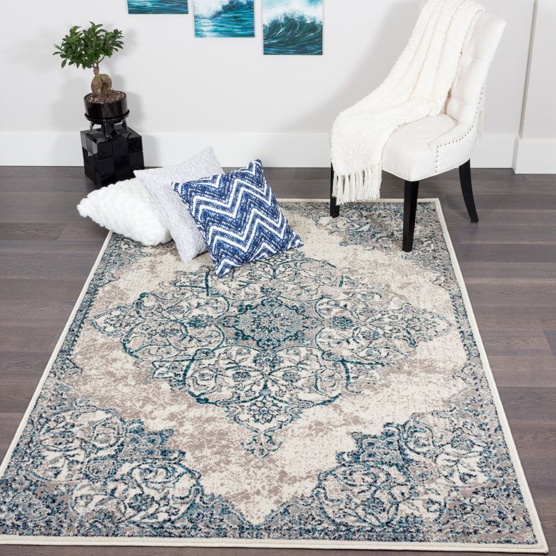 Tapis oriental bleu / beige Allain, Rectangle 4 pi 4 po x 6 pi 2 po