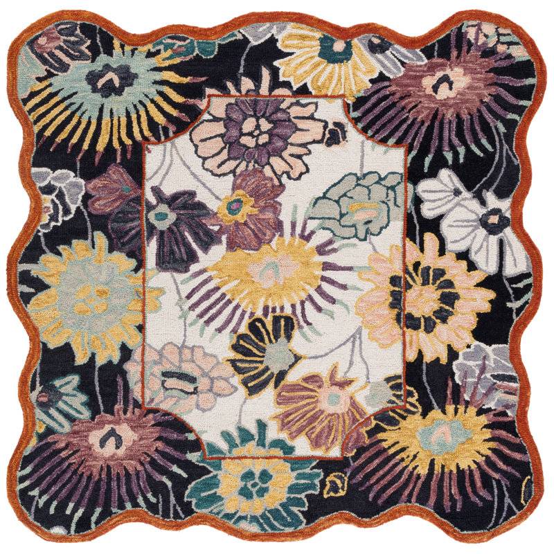 Jaiprkesh Hand Tufted Wool/Cotton Floral Rug in Black/Ivory, Square 6'