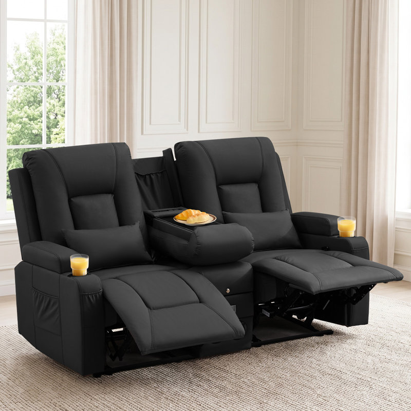 Canapé deux places inclinable manuellement avec console centrale rabattable, ports de chargement, haut-parleurs Bluetooth et porte-gobelets