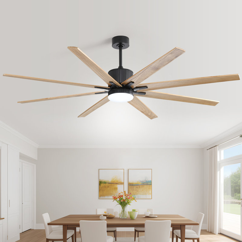 Ventilateur de plafond à DEL 8 pales avec télécommande et ensemble d'éclairage inclus Brixham, Noir avec pales en chêne