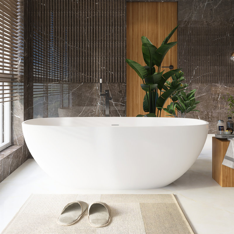 Modern Minimalist Freestanding Soaking Tub - 65.2"x29.7" Solid Surface Bathtub (Matte)