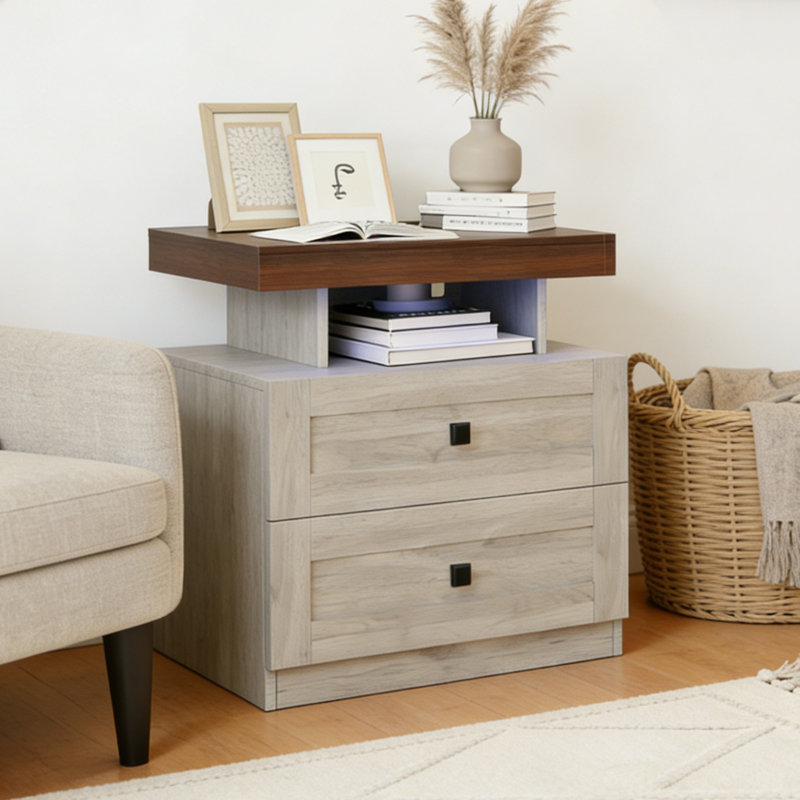 Farmhouse LED Nightstand With Charging Station, Bedroom Side Table With Drawers, Rustic End Table For Bedroom, Antique Black