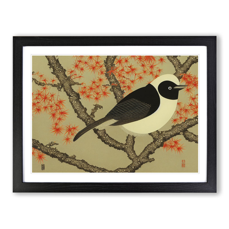 Japanese Bird - Single Picture Frame Print, 46cm H x 64cm W x 2cm D, Black